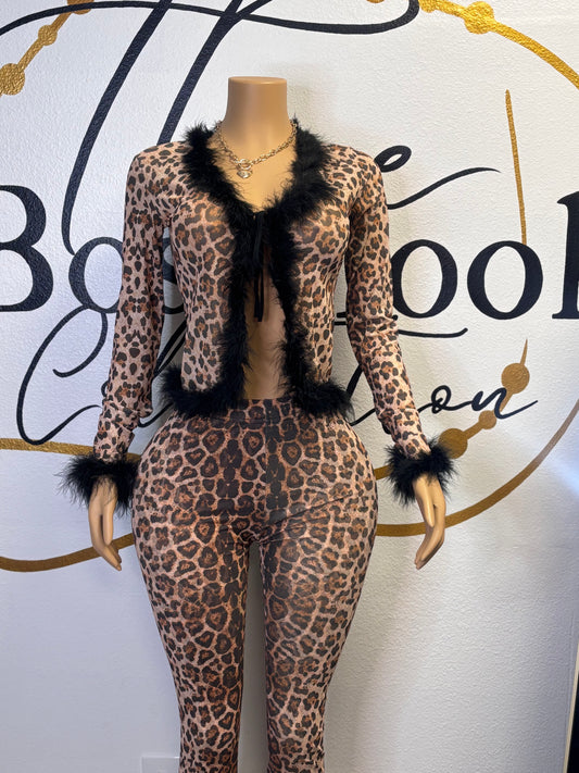 Mesh two piece  leopard set with fur